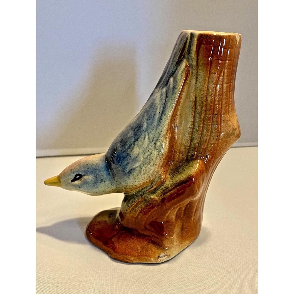 Vintage Royal Copley Nuthatch Blue Bird on Tree Stump Branch Vase